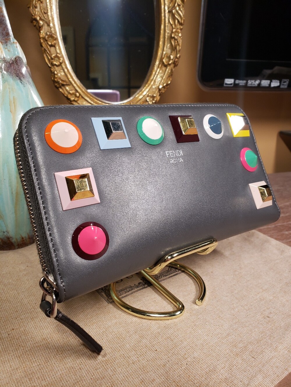 Fendi Gray Leather Zip Around Wallet w/ Multicolor Geometric Studs NWOT! ($950) - Picture 4 of 11